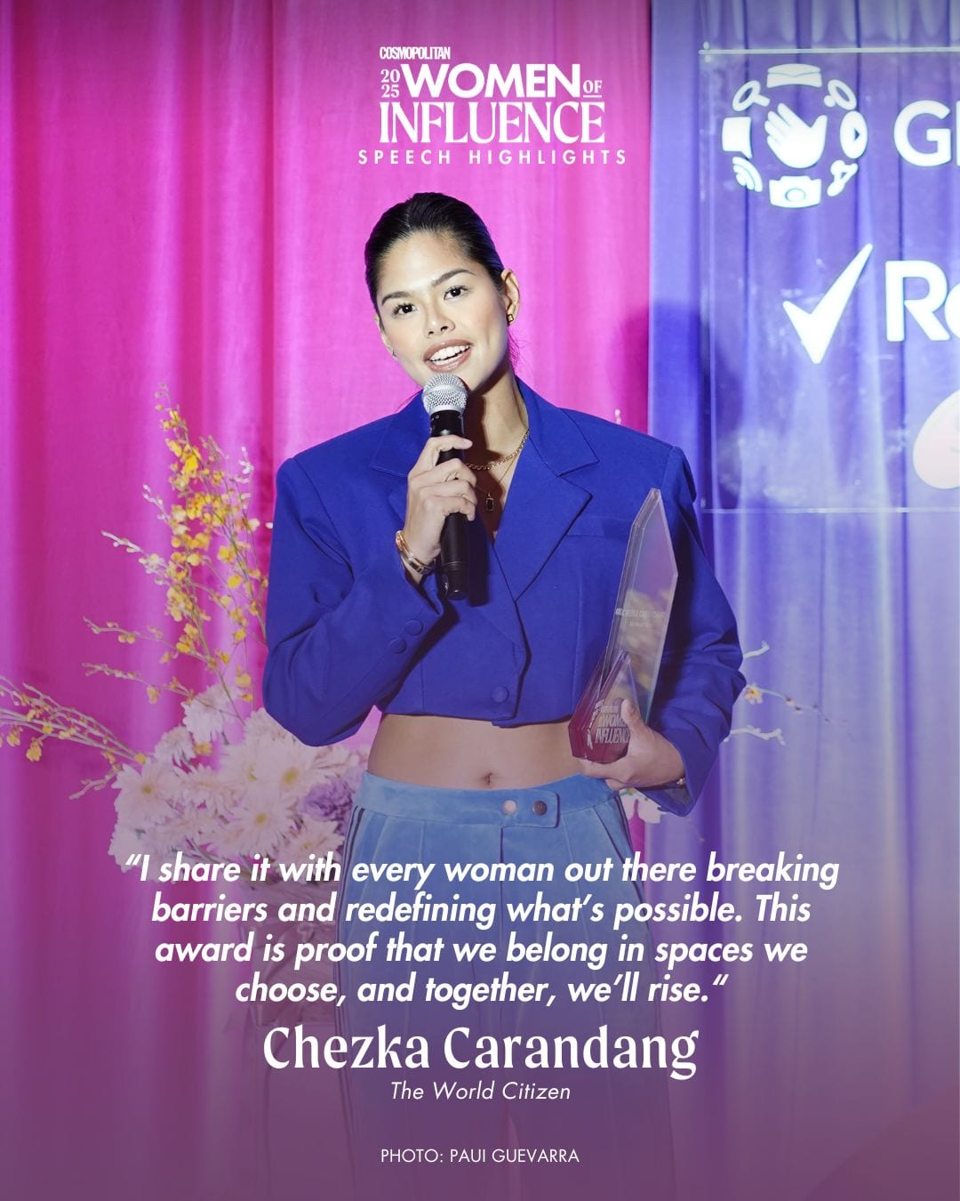 Cosmopolitan Philippines' Women of Influence 2025 awardee chezka carandang giving her speech